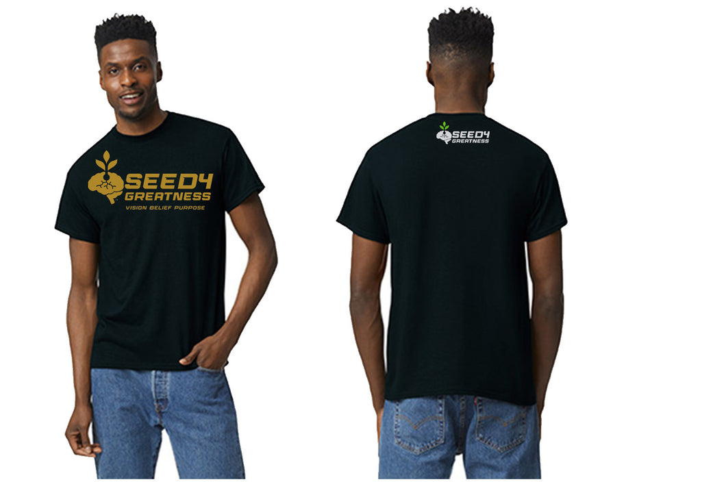 Gold Color Seed4Greatness Logo on Black Shirt