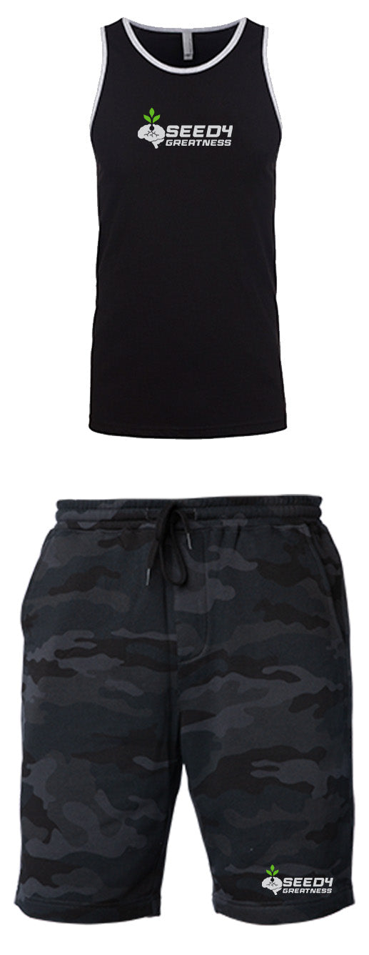 Black Tank Top and camouflage black shorts
